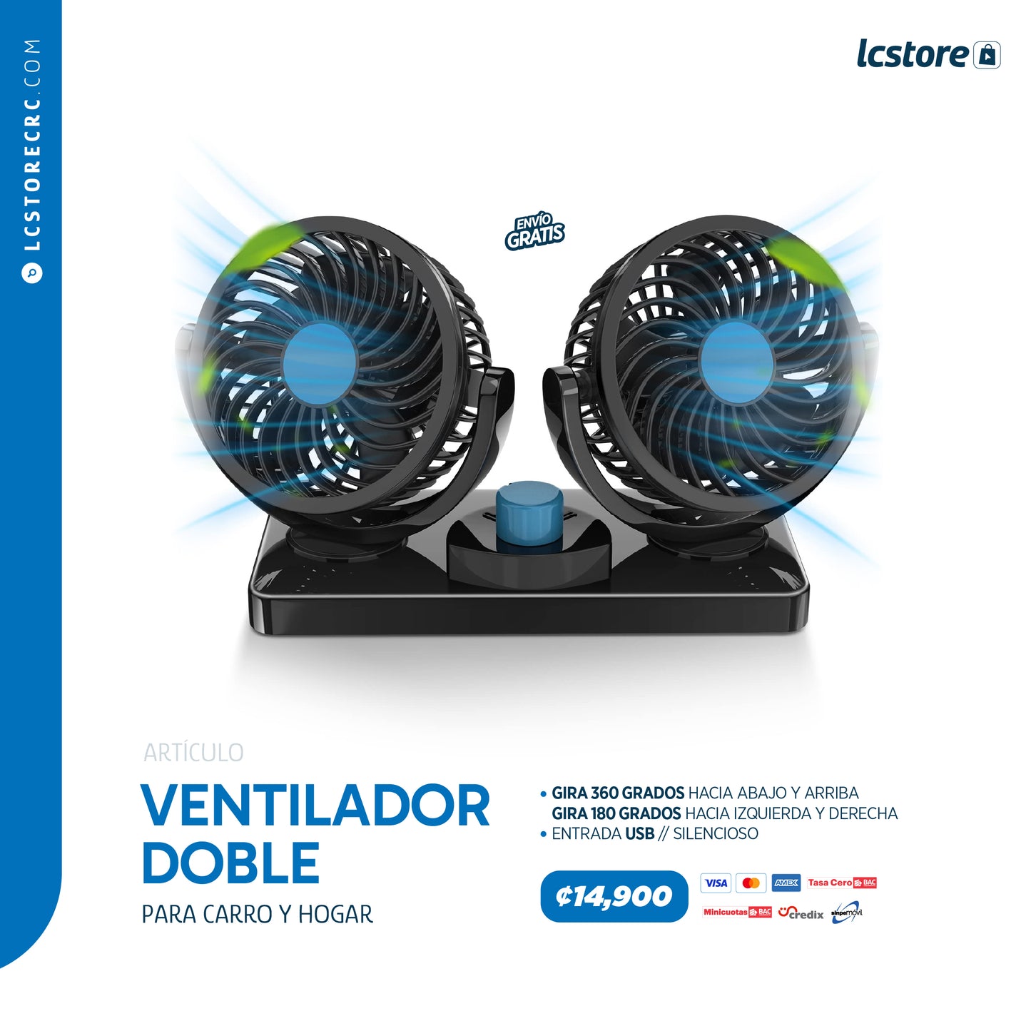 Ventilador de doble ajustable para carro y hogar cable USB