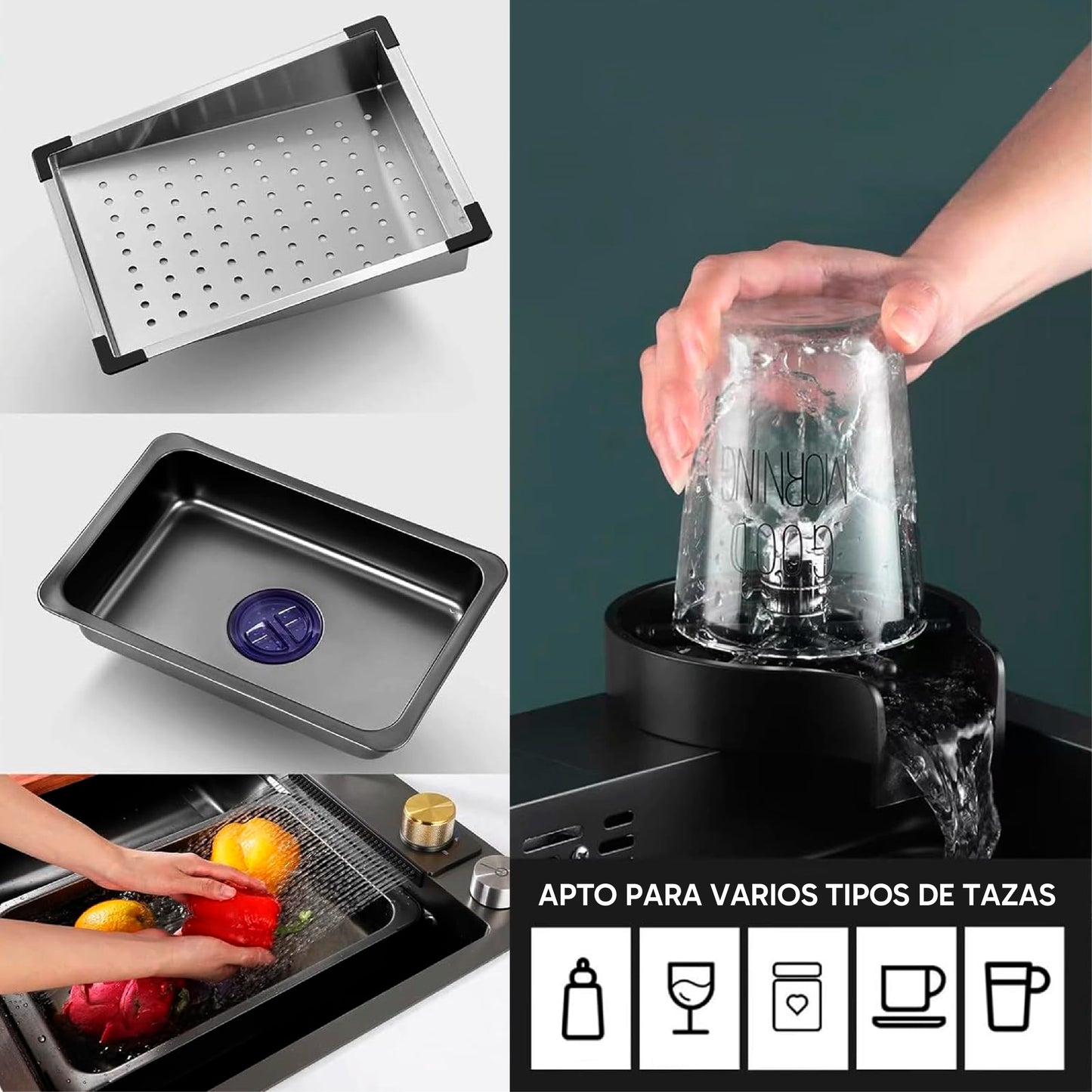 Fregadero de cocina con cascada de 85 x 45cm color negro-gris