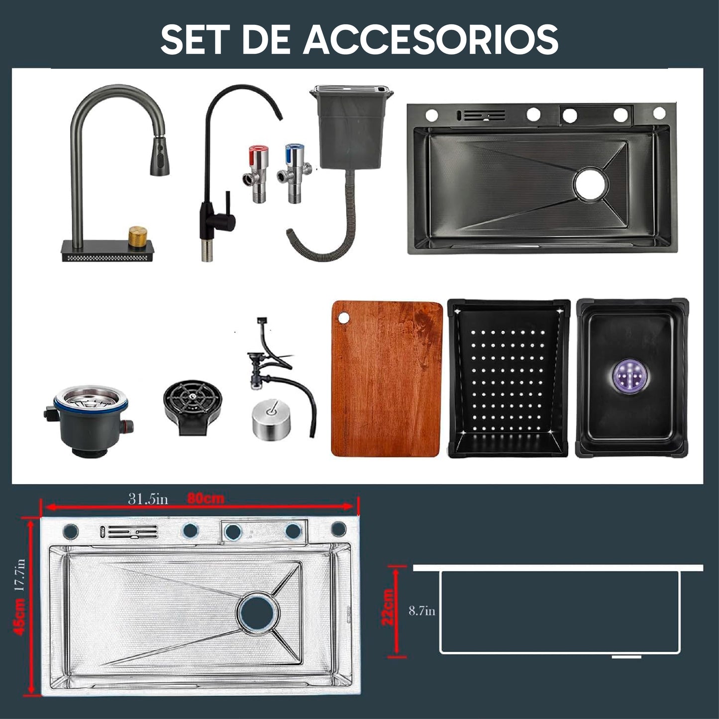 Fregadero de cocina con cascada de 85 x 45cm color negro-gris