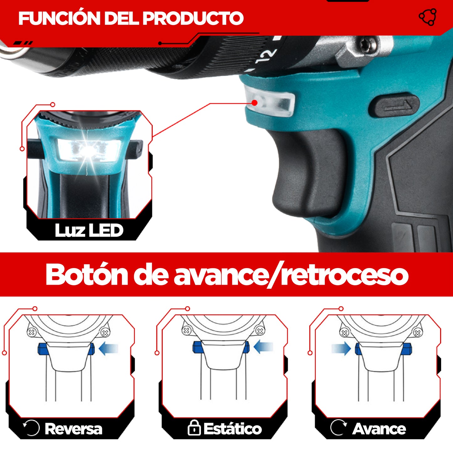 Taladro inalámbrico Onevan de 1/2 Chuck Metálico de 21V