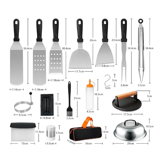 Kit de 29 Piezas para Parrilla – Espátulas, Prensa para Hamburguesas y Accesorios