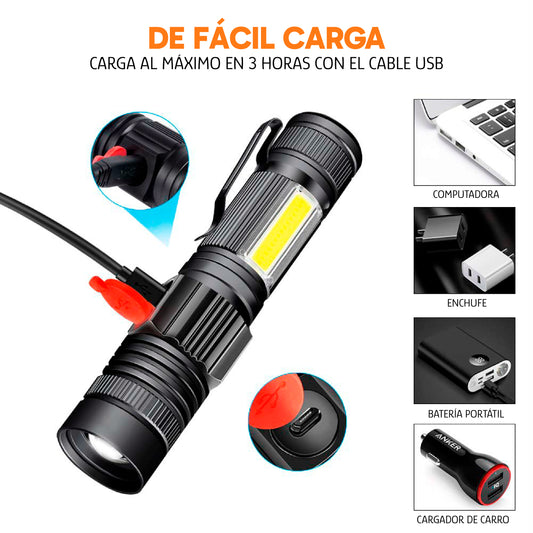 Pack de 2 Linternas LED Recargables – Linterna Táctica Magnética con Zoom, Impermeable y Recargable por USB
