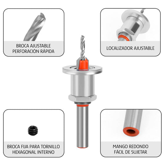Juego de 5 Brocas Avellanadoras de Carburo de 90 Grados para Carpintería con Tope de Profundidad Ajustable