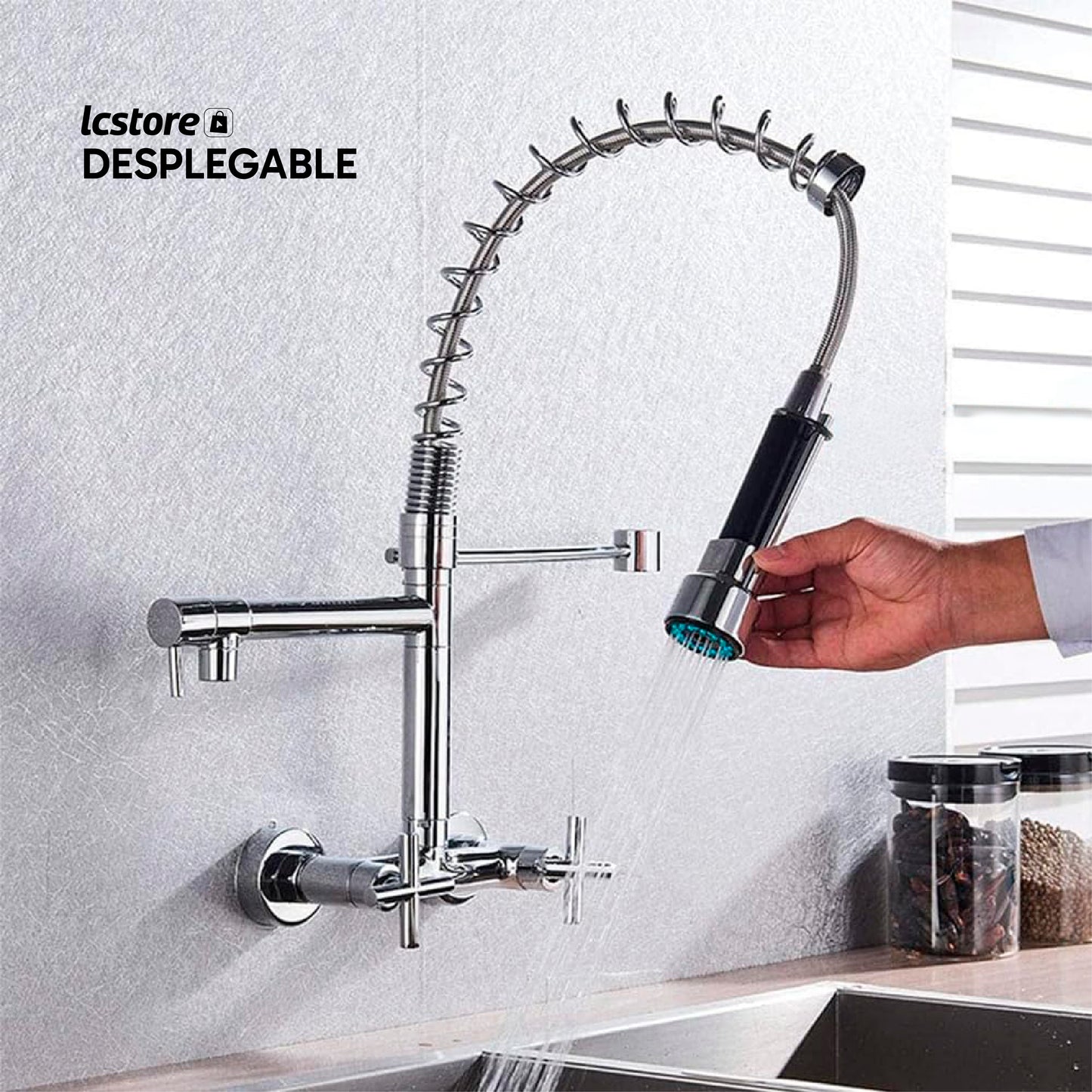 Grifo de Cocina Montaje en Pared – Rociador Extraíble y Boquilla Giratoria de 360°