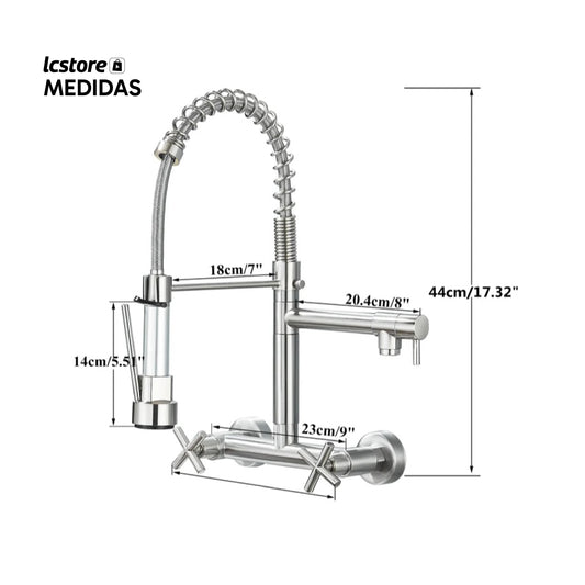 Grifo de Cocina Montaje en Pared – Rociador Extraíble y Boquilla Giratoria de 360°