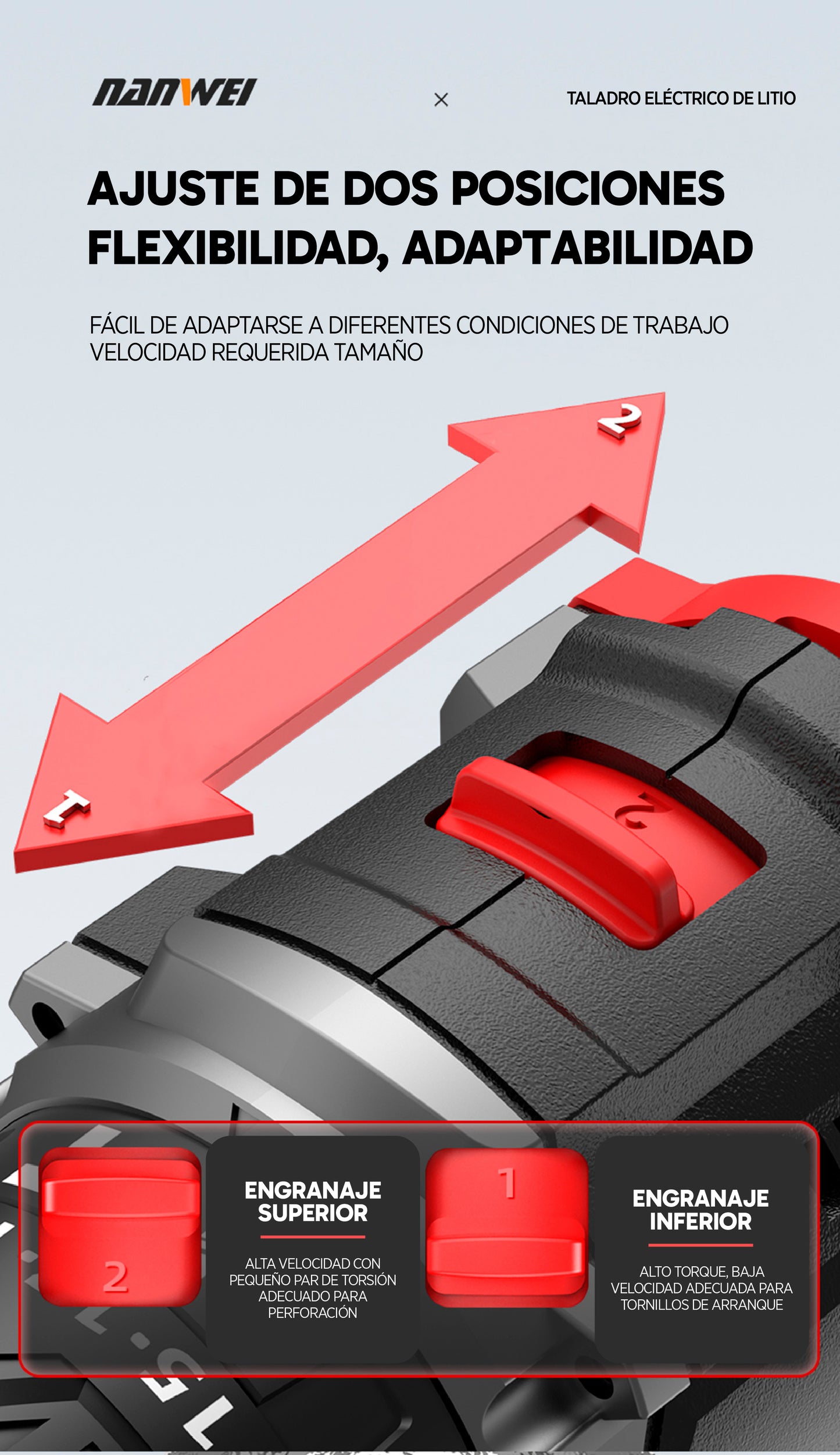 Taladro Inalámbrico NANWEI 100NM - 5.0Ah con Accesorios, Caja y 2 Baterías