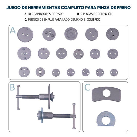 Juego de Herramientas de Rebobinado de Pistón de Pinza de Freno de Disco – 22 Piezas