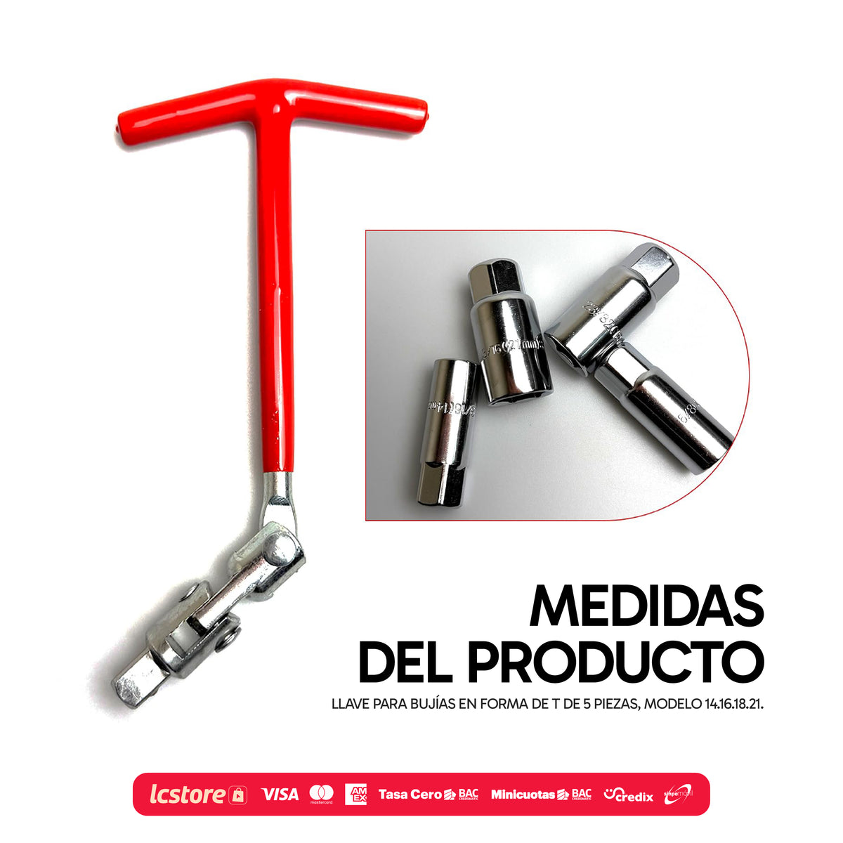 Llave Saca Bujías Tipo T Articulada con 4 Copas Intercambiables