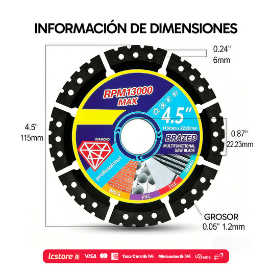 Set de 5 Discos Diamantados Multifuncionales de 4.5" para esmeriladora