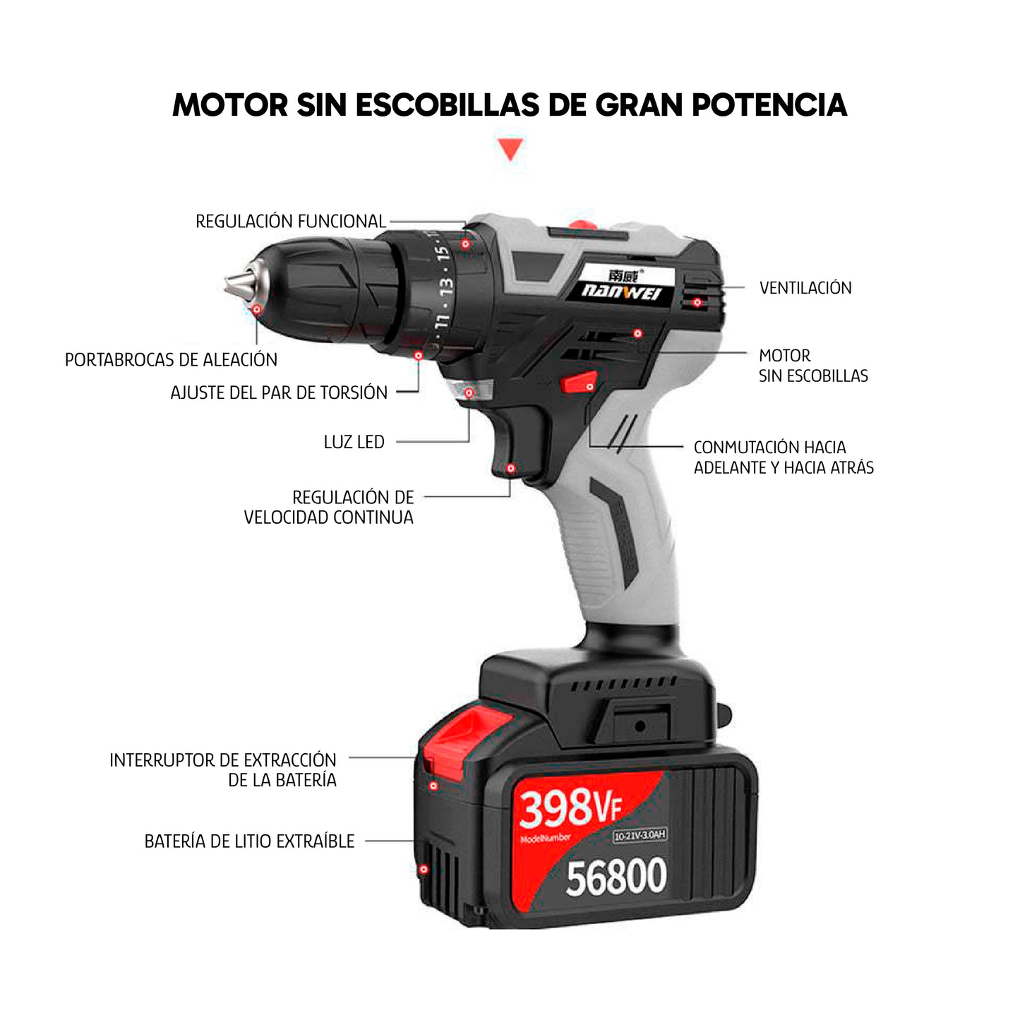 Taladro Nanwei de 21 Voltios con accesorios
