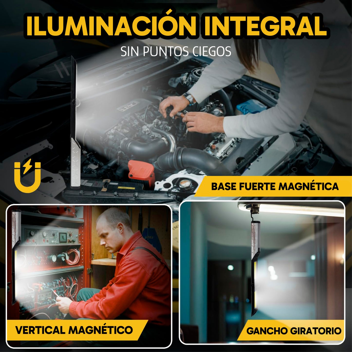 Pack de 2 Luces de Trabajo LED Recargables – 4 Modos, Luz de Emergencia Roja, Banco de Energía y Base Magnética