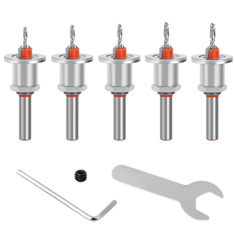 Juego de 5 Brocas Avellanadoras de Carburo de 90 Grados para Carpintería con Tope de Profundidad Ajustable