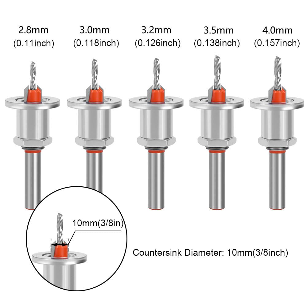 Juego de 5 Brocas Avellanadoras de Carburo de 90 Grados para Carpintería con Tope de Profundidad Ajustable