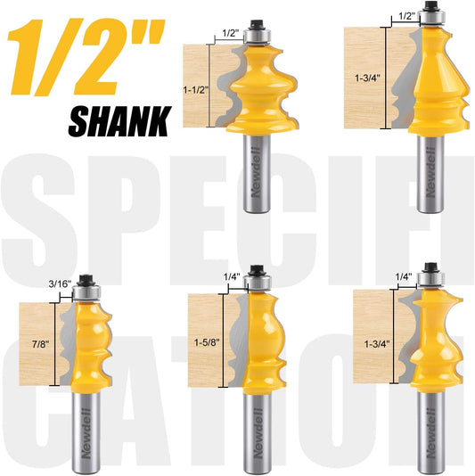 Juego de fresas router de Moldeo Arquitectónico – 5 Piezas, Vástago 1/2"