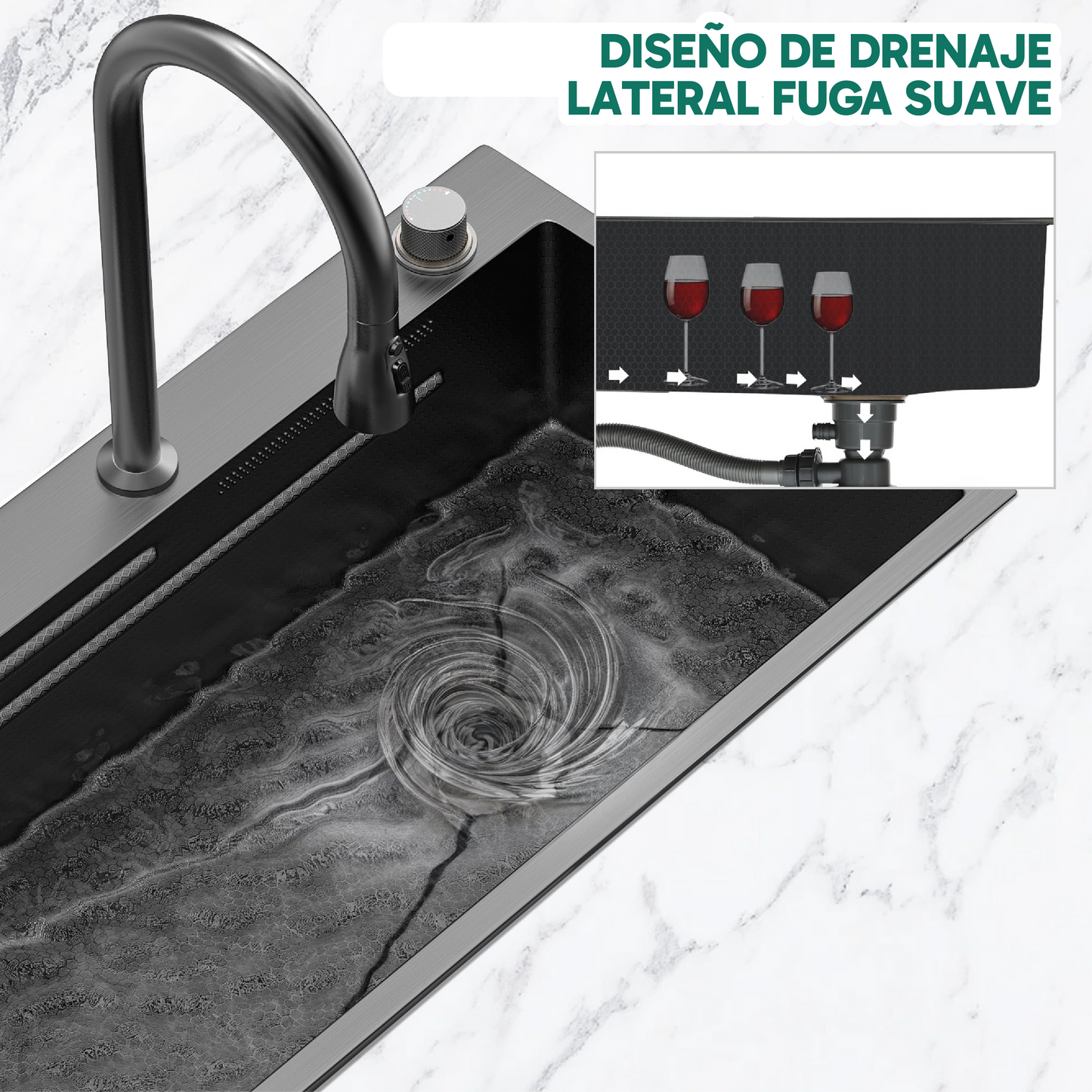 Fregadero de cocina con cascada de 85 x 45cm color negro-gris