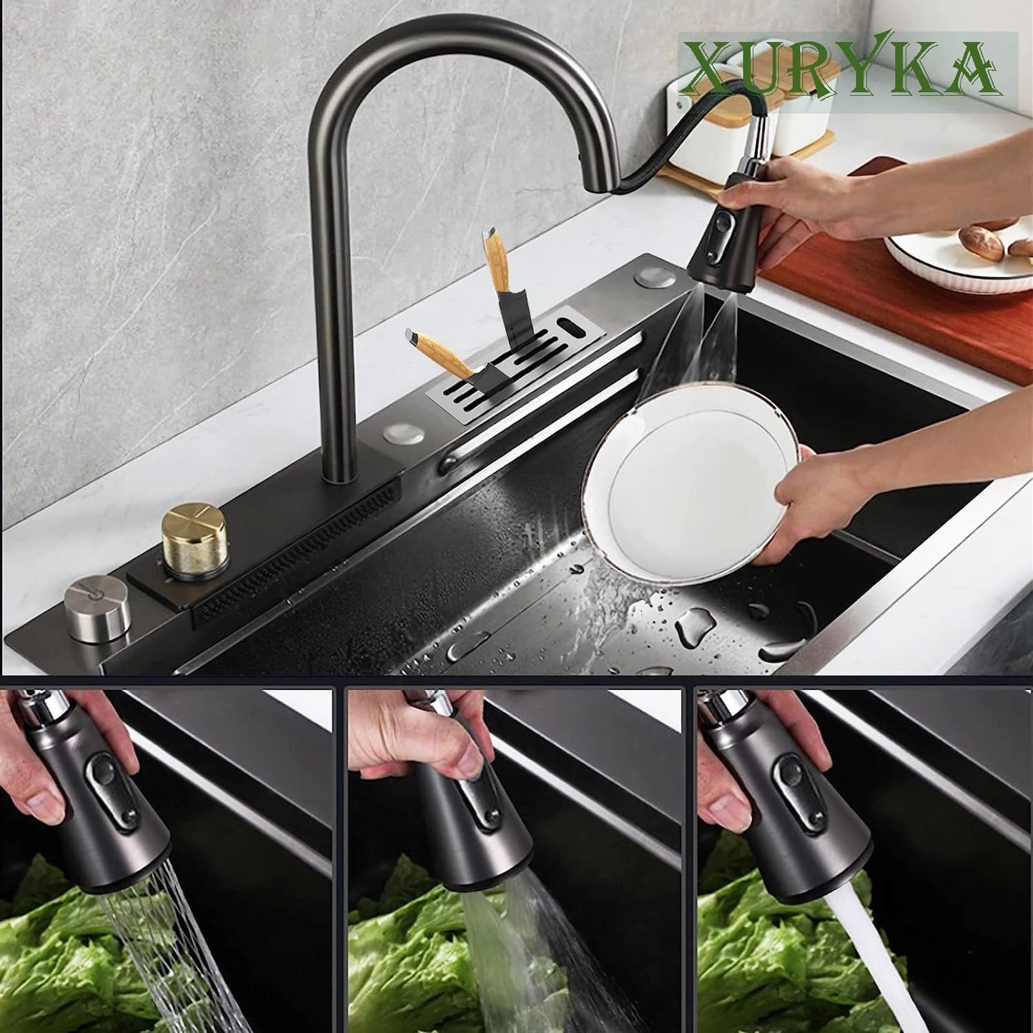 Fregadero de cocina con cascada de 85 x 45cm color negro-gris