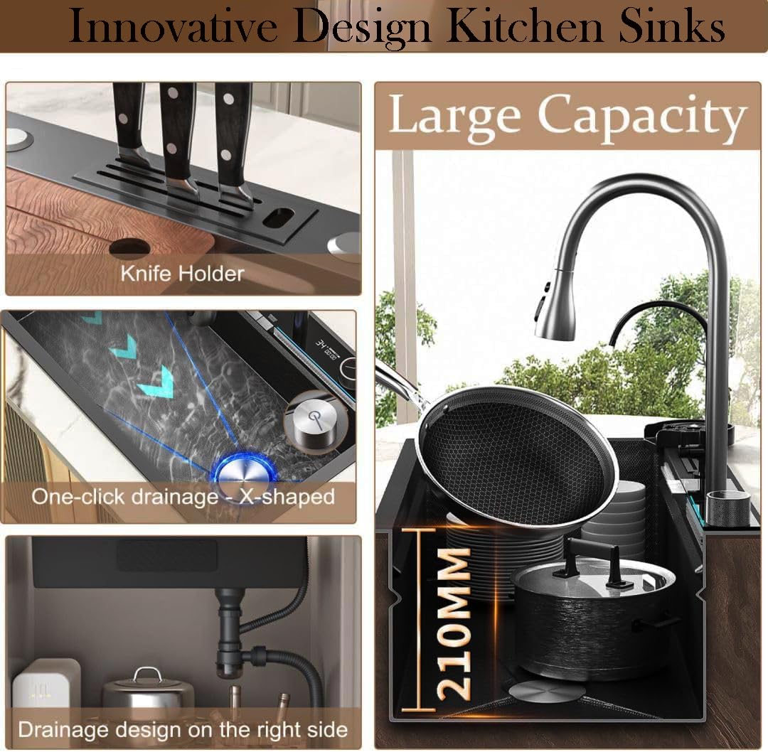 Fregadero de cocina con cascada de 85 x 45cm color negro-gris