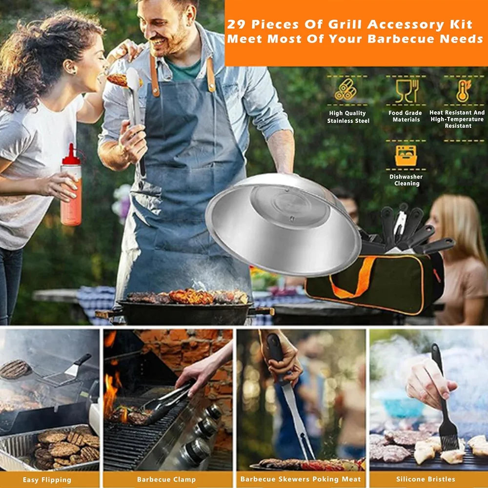 Kit de 29 Piezas para Parrilla – Espátulas, Prensa para Hamburguesas y Accesorios