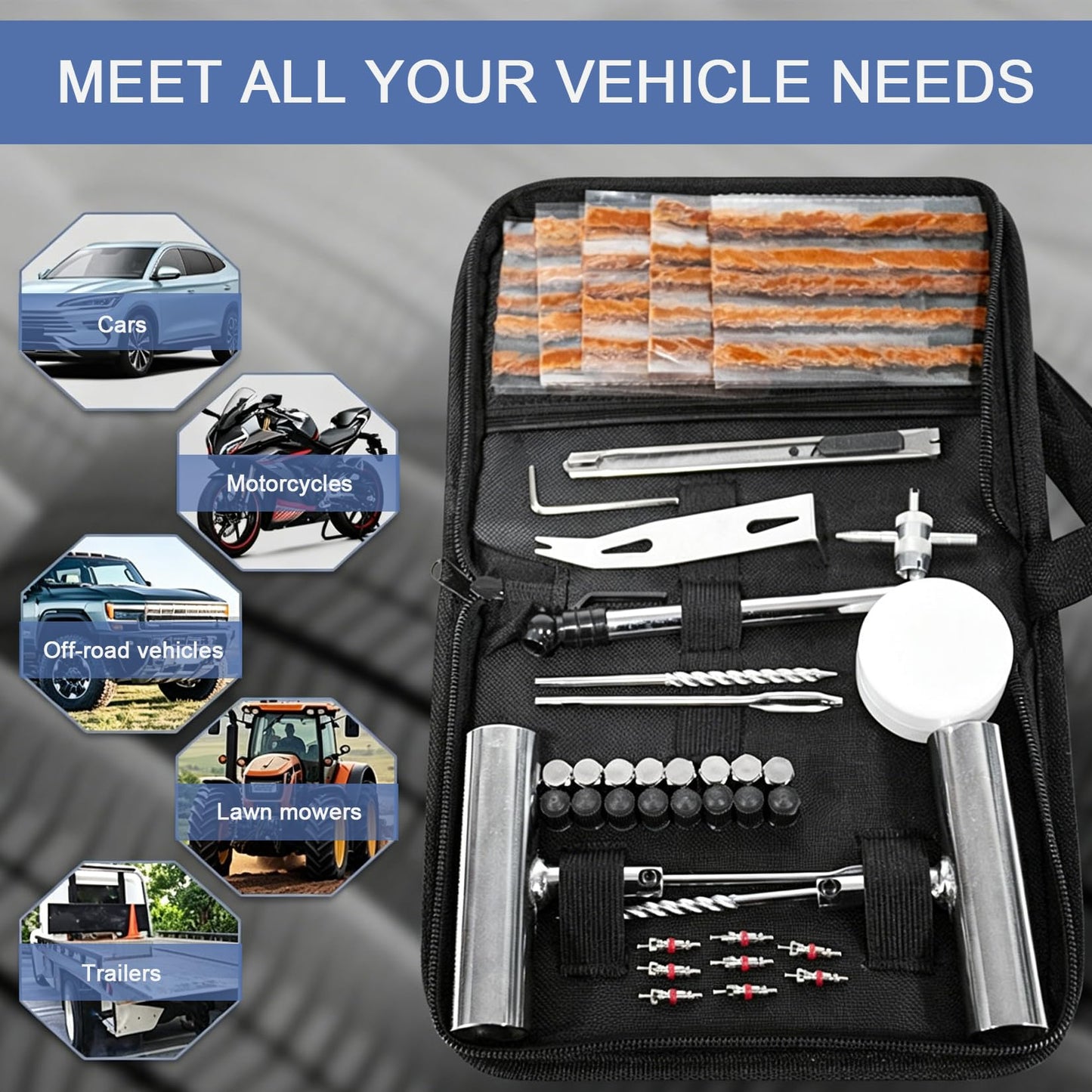 Kit de Reparación de Llantas Tubeless Profesional con Estuche (62 Piezas)
