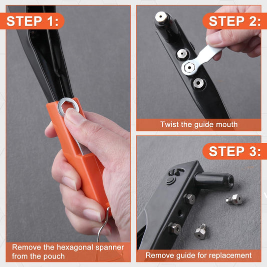 Remachadora Manual de Mano con Kit de Remaches y Cabezas Intercambiables