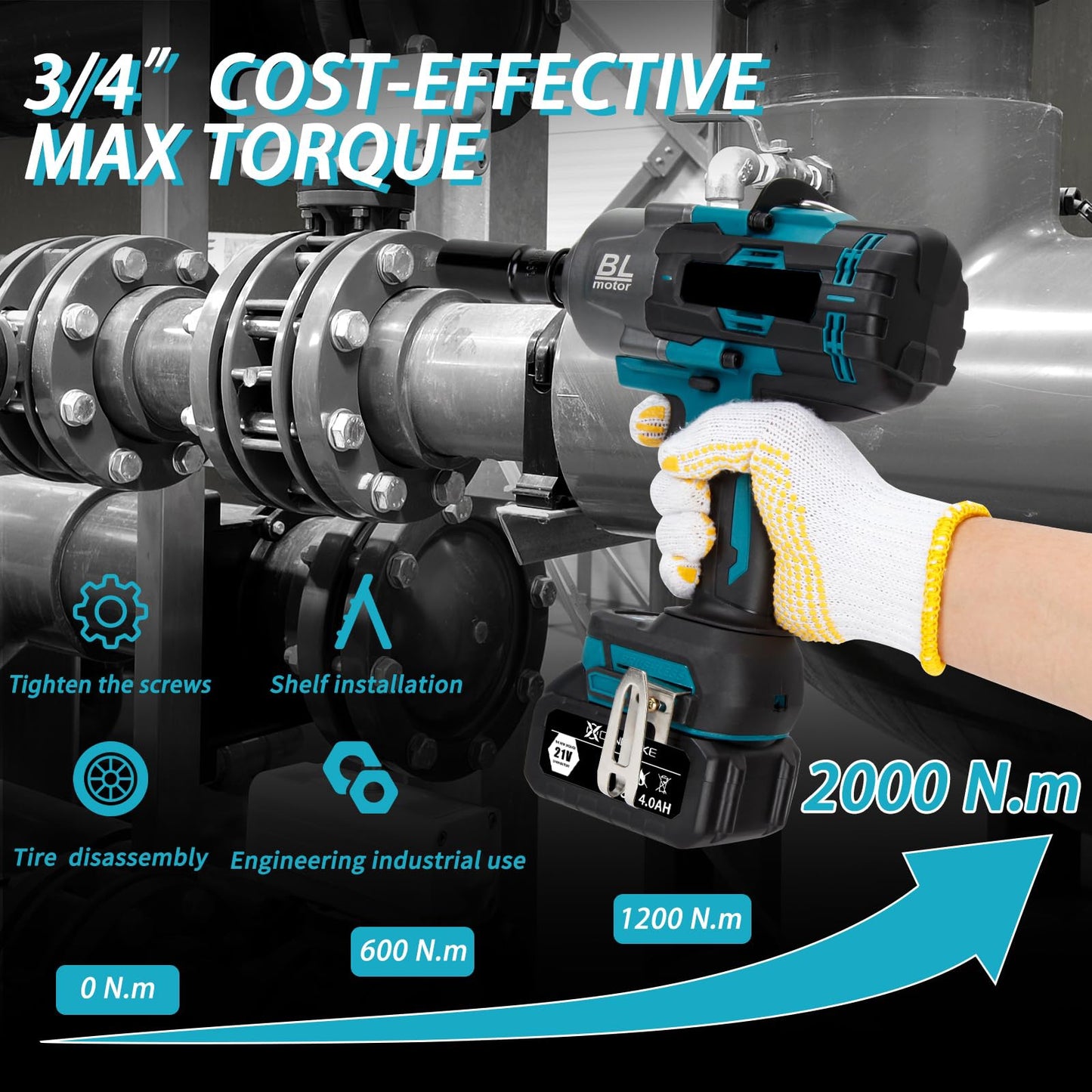 Taladro de Impacto Inalámbrico 3/4" – 2000Nm con 2 Baterías, Estuche y Accesorios