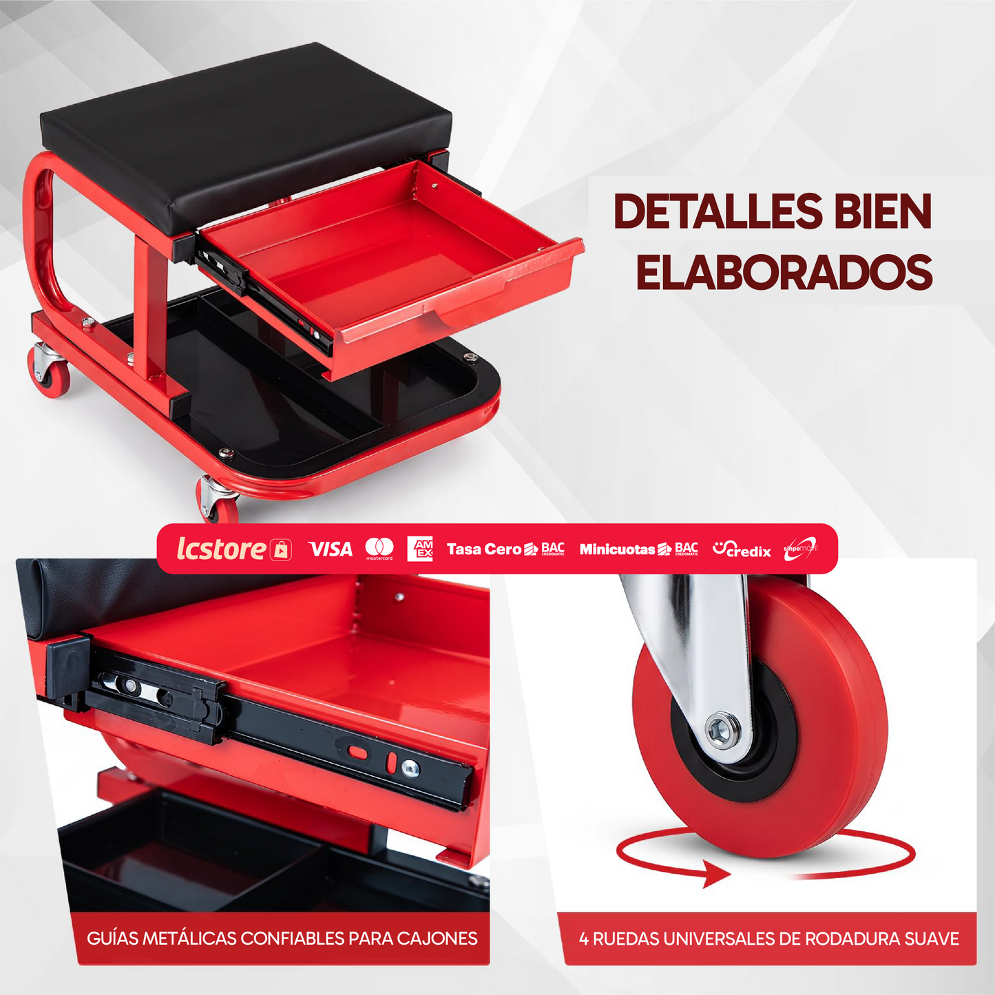 Asiento Mecánico Rodante con Cajón Organizador y Bandeja de Servicio (330 lbs / 150 kg)