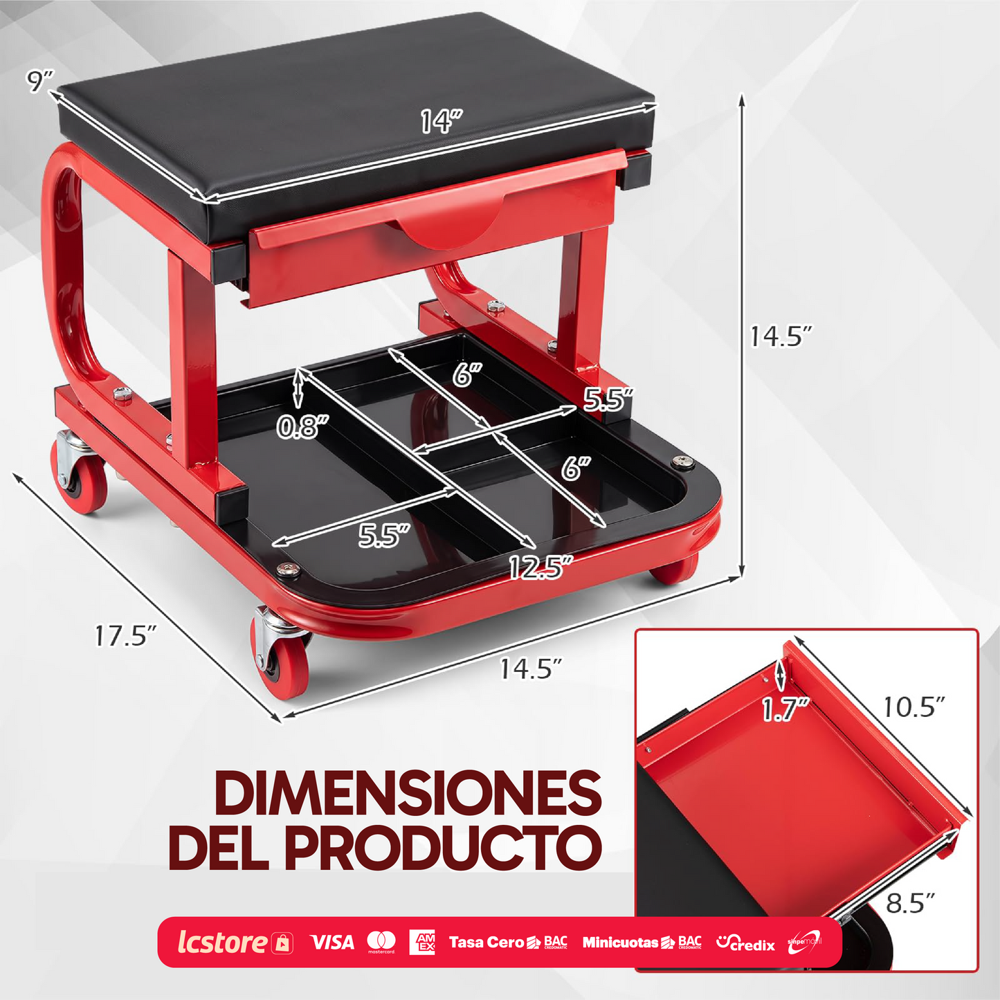 Asiento Mecánico Rodante con Cajón Organizador y Bandeja de Servicio (330 lbs / 150 kg)