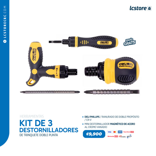Kit de 3 Destornilladores de Trinquete Doble Punta