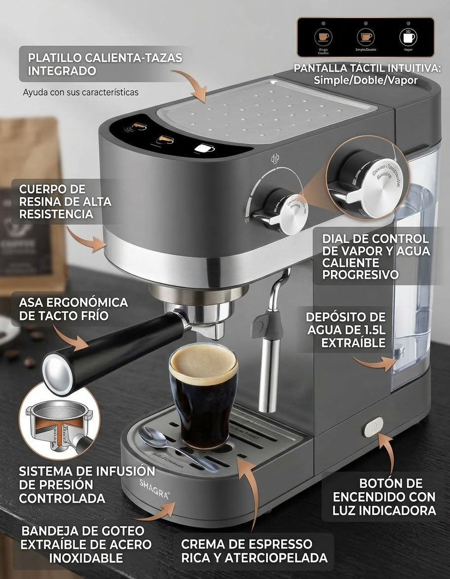 Cafetera Espresso Eléctrica SHAQRA® 1250W Ultra Slim (Modelo CA-747)