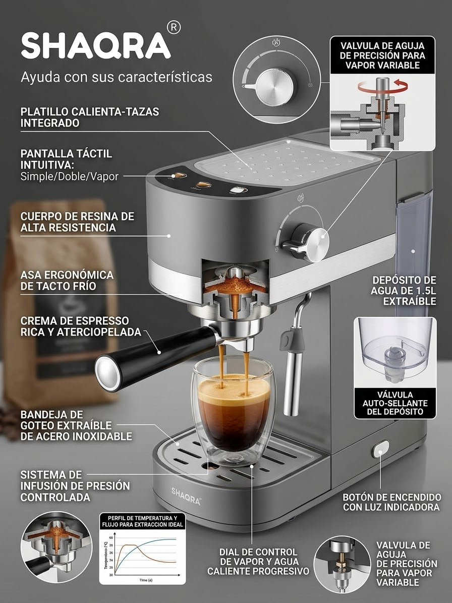Cafetera Espresso Eléctrica SHAQRA® 1250W Ultra Slim (Modelo CA-747)