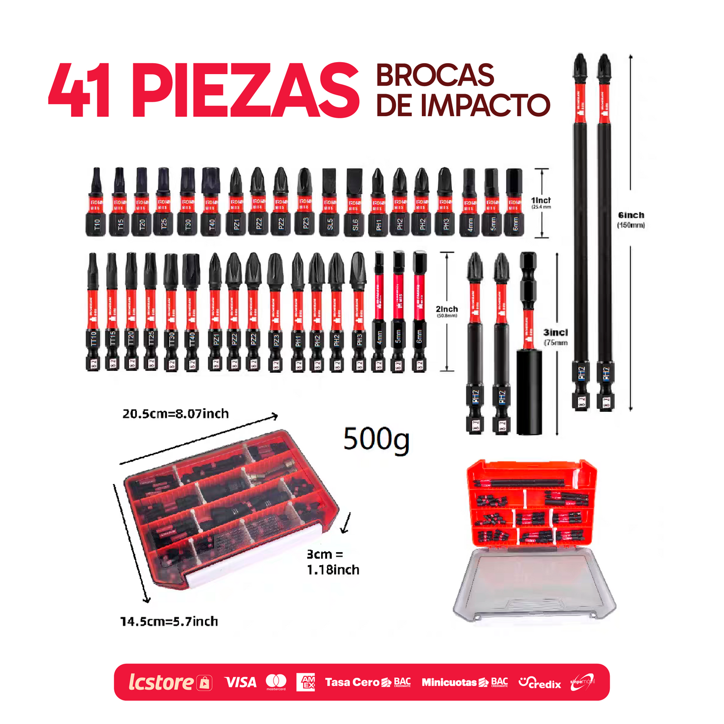 Juego de puntas y cabezas de impacto de 41 piezas con estuche de transporte