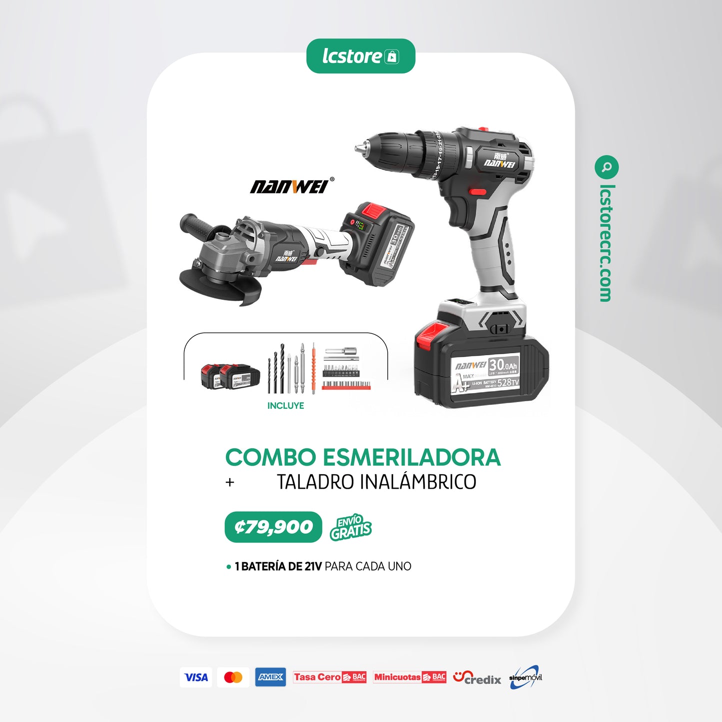 Combo Taladro Inalambrico + Esmeriladora NANWEI de 21 Voltios