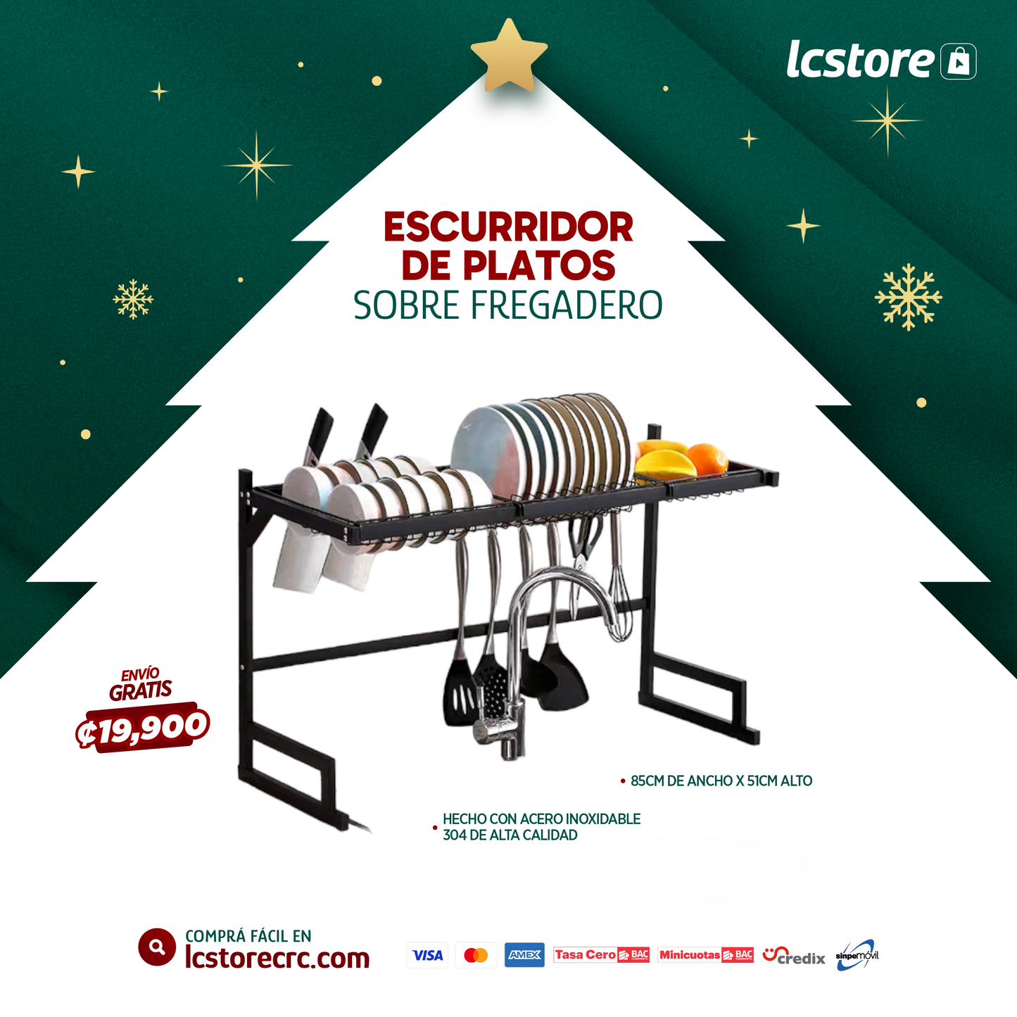 Escurridor de platos sobre el fregadero (85cm de ancho x 51cm alto)