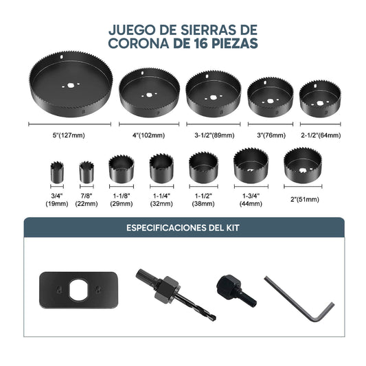 Juego de sierra perforadora de 16 piezas de 3/4 a 5 pulgadas