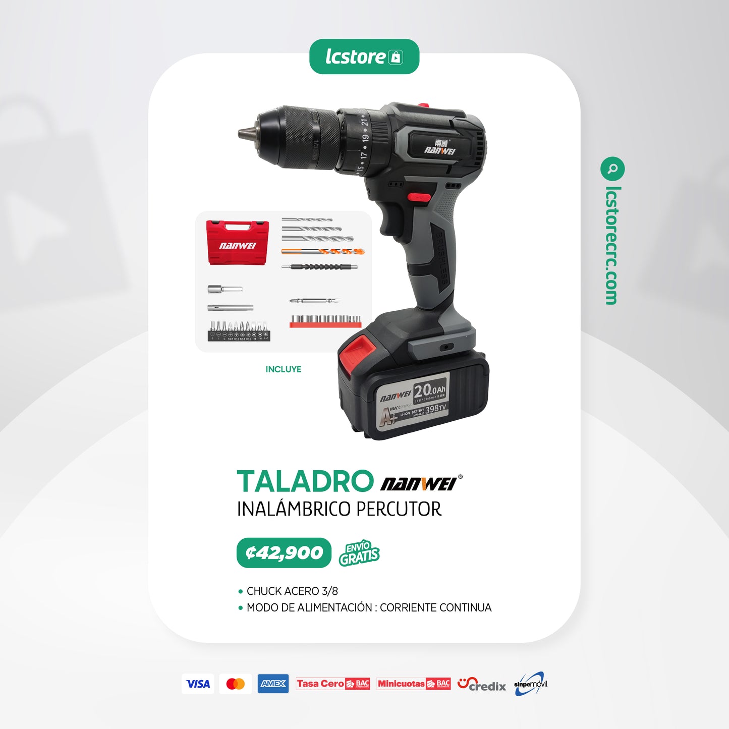 Taladro Inalámbrico Nanwei 1 batería de 21 Voltios Chuck Metálico 3/8