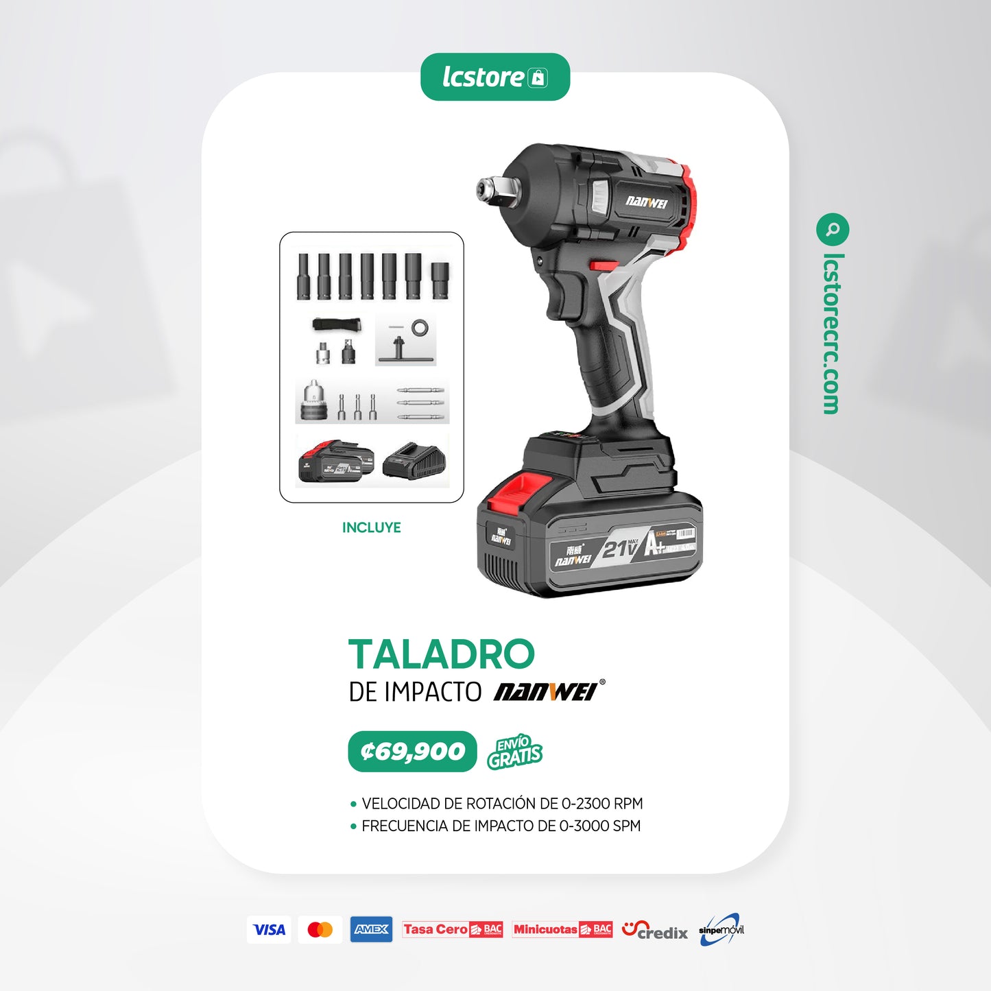 Taladro de Impacto Nanwei de 21V - 2 Baterías - 350N.M