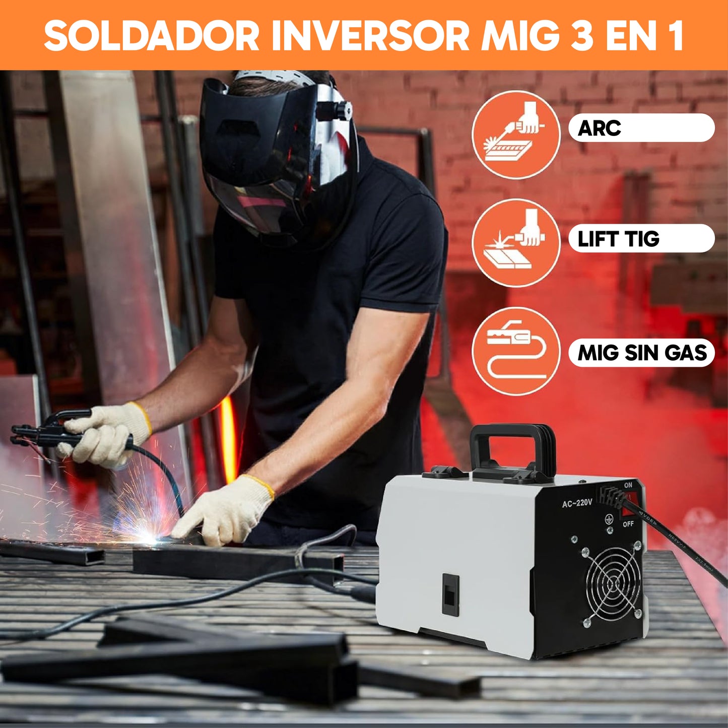Máquina de Soldar MIG 3 en 1 Multiproceso con Pantalla LED - 20-250A (MIG,TIG,ARC)