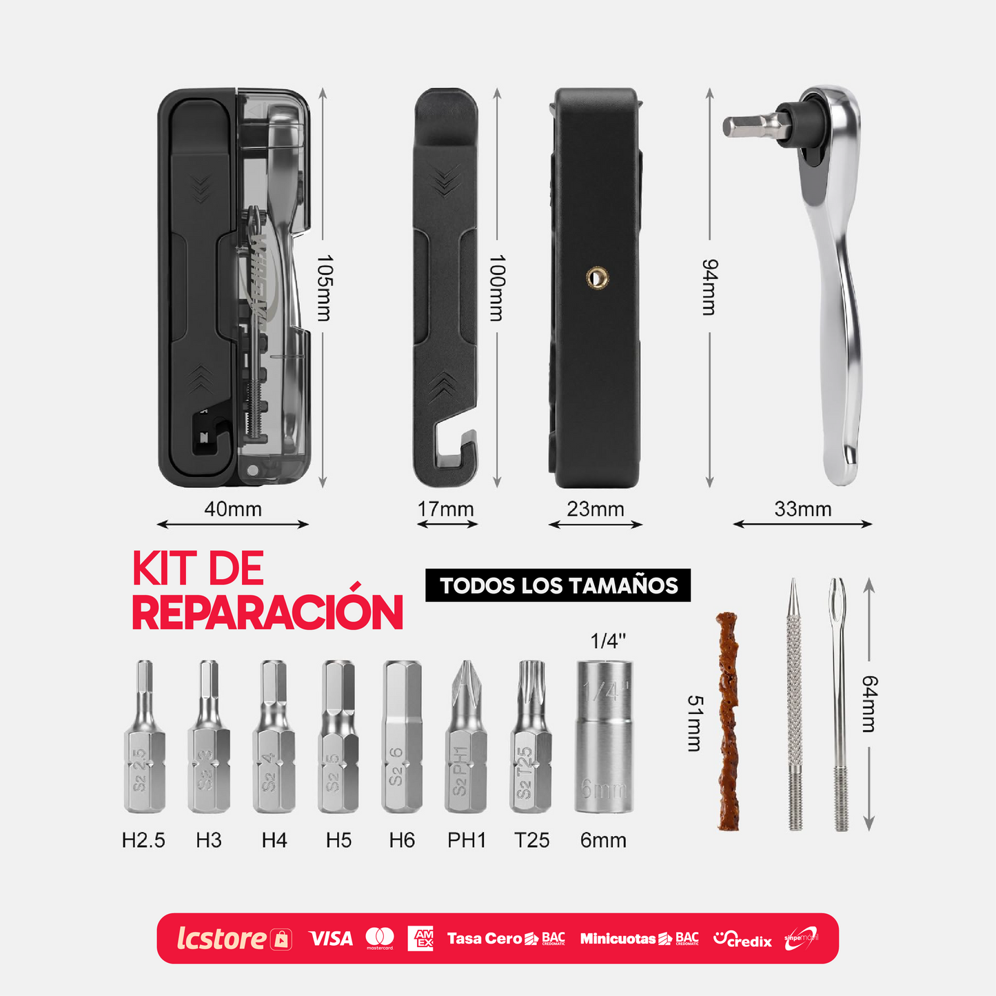 Kit de Reparación de Bicicleta Portátil con Ratchet y Tubeless