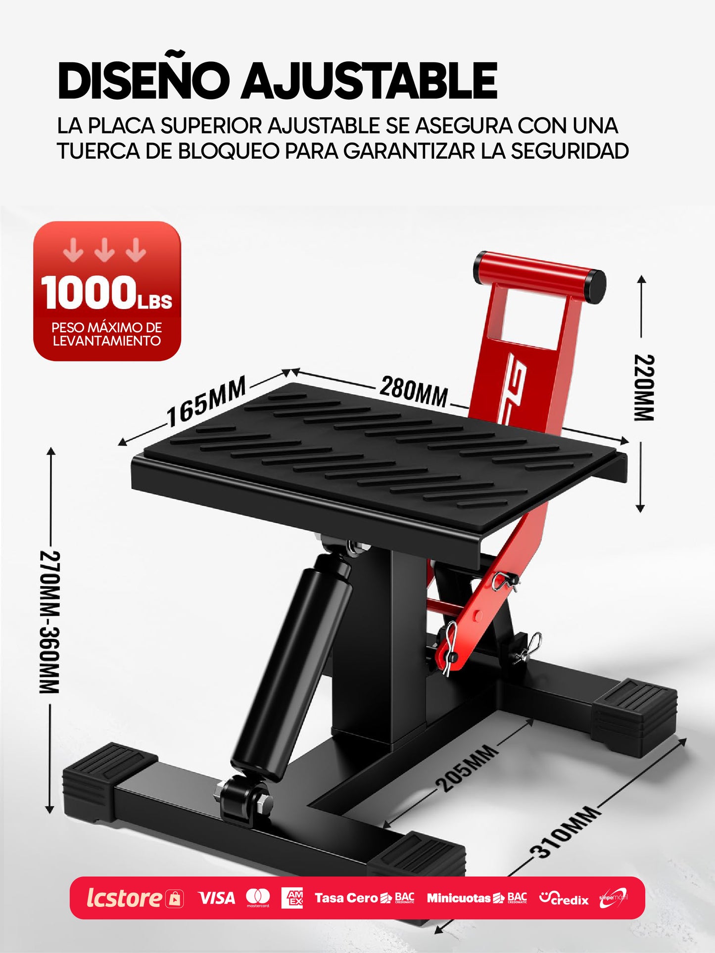 Soporte Elevador Hidráulico Ajustable para Motocicleta (1000 lbs / 450 kg) Gata Elevador