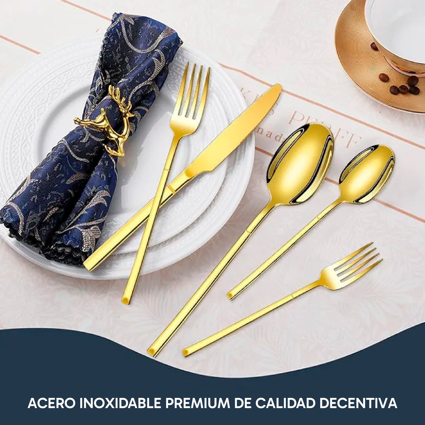 Juego de Cubiertos de Acero Inoxidable de 30 Piezas – Diseño Elegante en Color Dorado