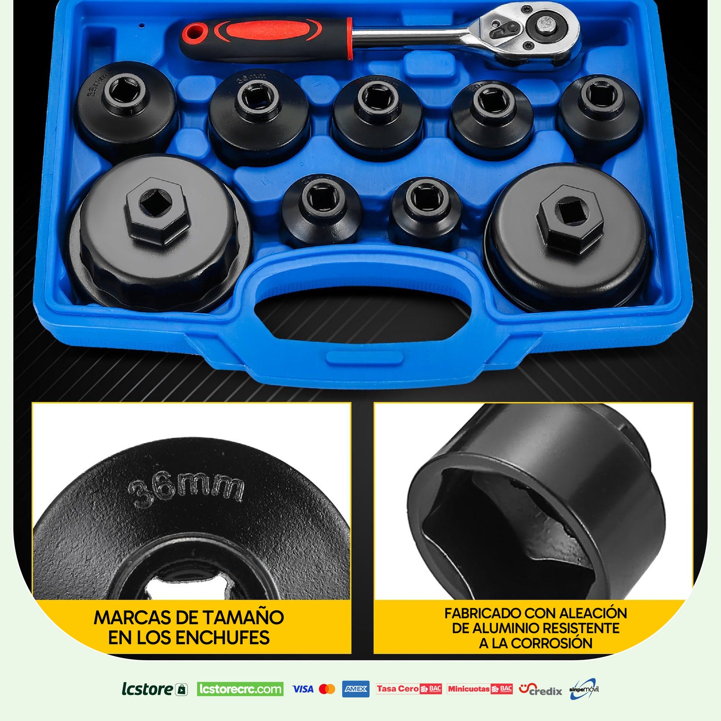 Juego de Dados para Filtro de Aceite (10 Piezas con Ratchet de 3/8")
