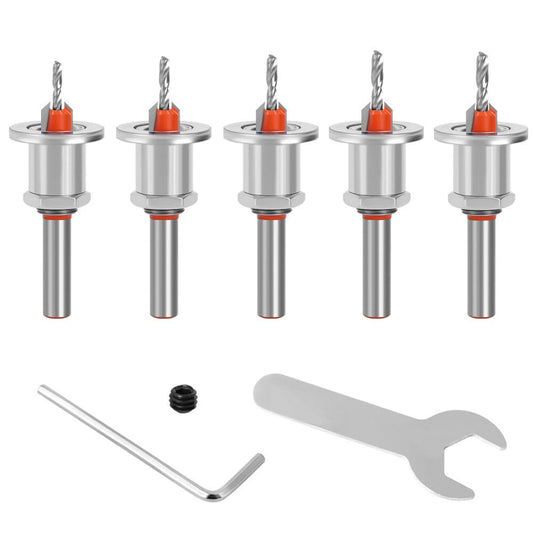 Juego de 5 Brocas Avellanadoras de Carburo de 90 Grados para Carpintería con Tope de Profundidad Ajustable