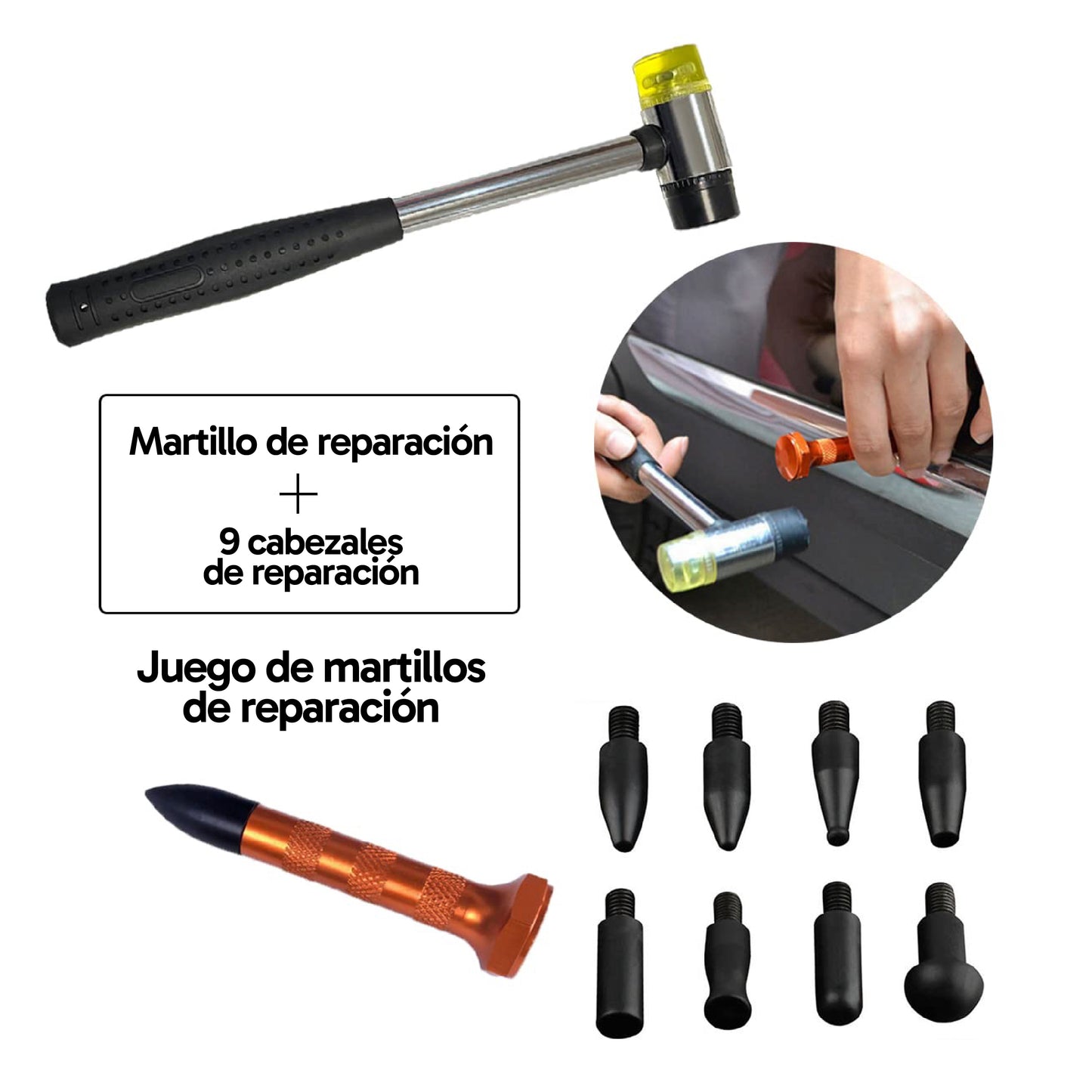Kit de Reparación de Abolladuras con Martillo y Puntas Intercambiables