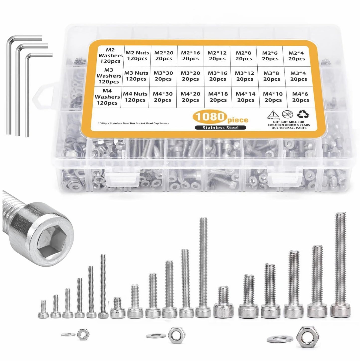 Kit de Tornillos Allen de Acero Inoxidable M2, M3, M4 (1080 Piezas)