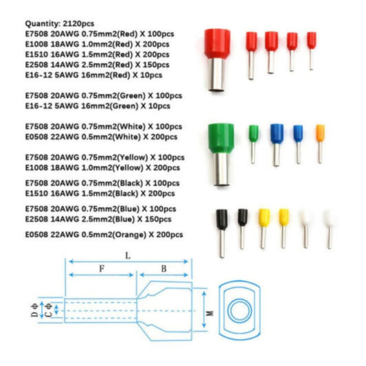 Kit de Terminales Tubulares Huecosaislados / Virolas Crimpadoras (2120 Piezas)