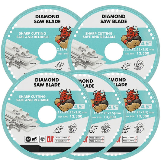 Set de 5 Discos de Diamante 4 1/2” – Corte Multiusos para Metal, Piedra, Mármol, Porcelanato, y más