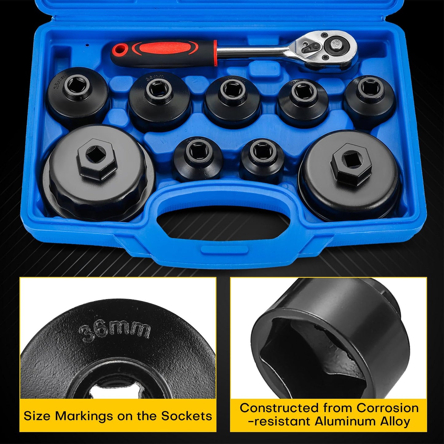 Juego de Dados para Filtro de Aceite (10 Piezas con Ratchet de 3/8")
