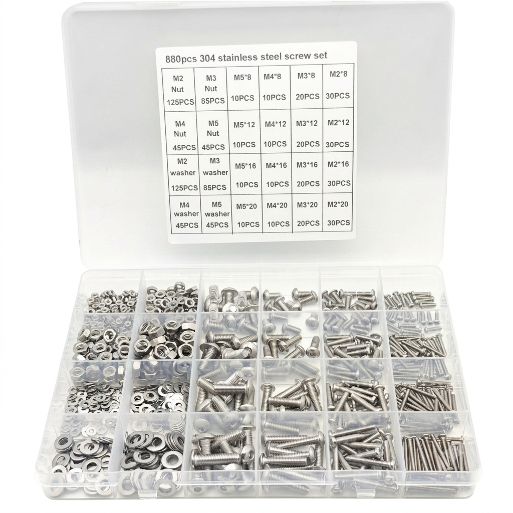 Set de Tornillos, Tuercas y Arandelas Acero Inoxidable 304 (880 Piezas)