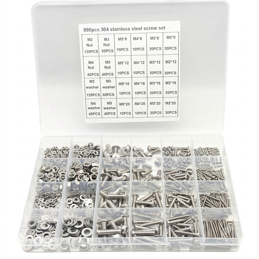 Set de Tornillos, Tuercas y Arandelas Acero Inoxidable 304 (880 Piezas)