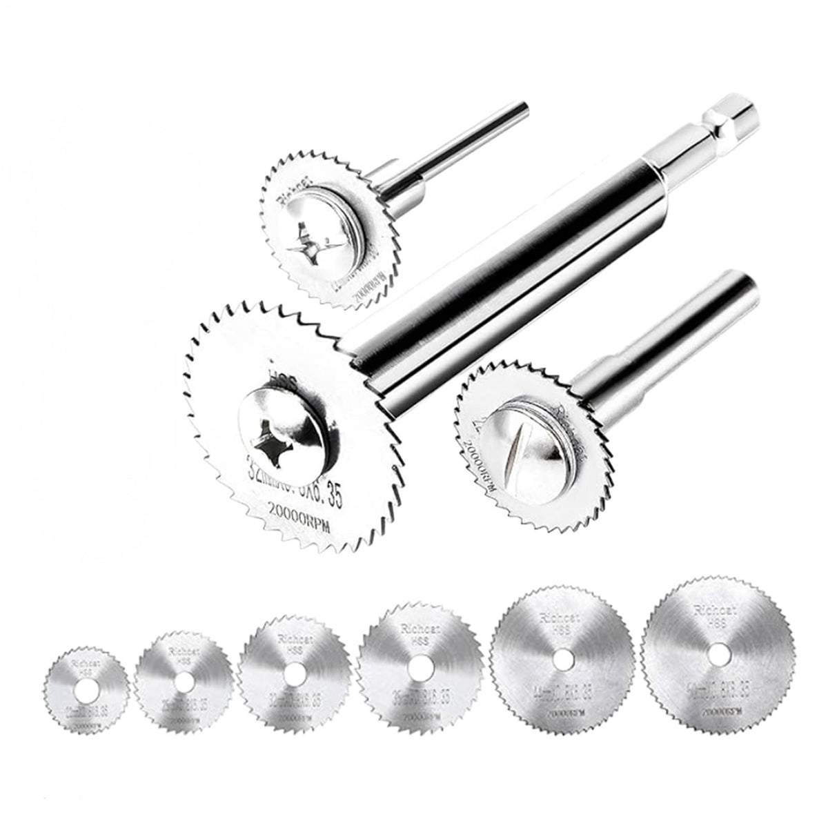 Set de Discos de Corte HSS para Mototool / Dremel (6 Discos + 3 Mandriles)